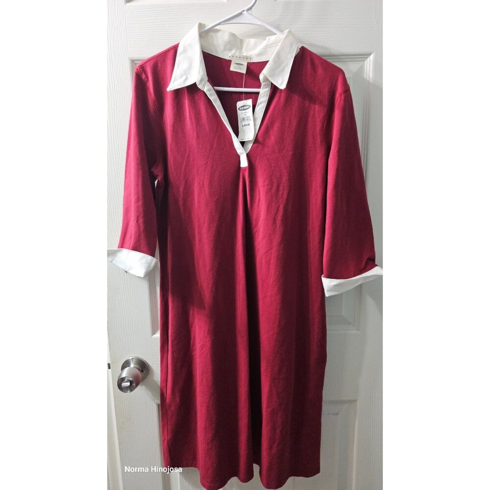 Old Navy Burgundy Polo Shirt Dress With White Collar & Cuffs Stretch Cotton Blen